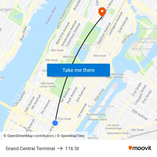Grand Central Terminal to 116 St map