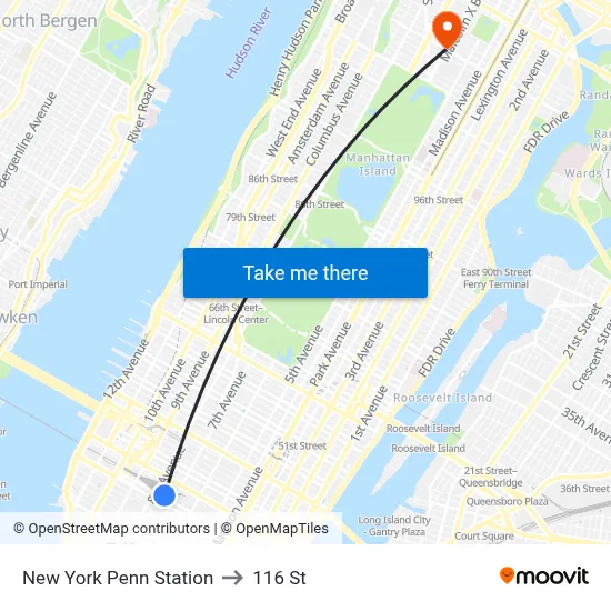 New York Penn Station to 116 St map