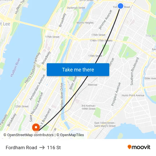 Fordham Road to 116 St map