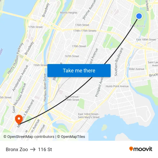Bronx Zoo to 116 St map