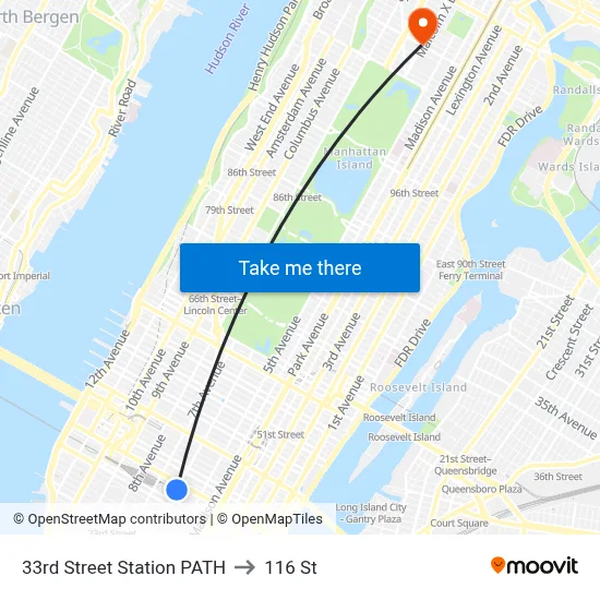33rd Street Station PATH to 116 St map