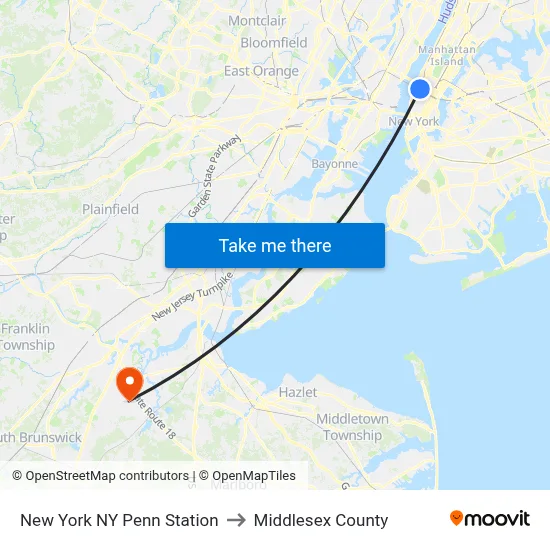 New York NY Penn Station to Middlesex County map