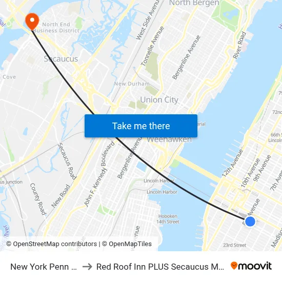 New York Penn Station to Red Roof Inn PLUS Secaucus Meadowlands map