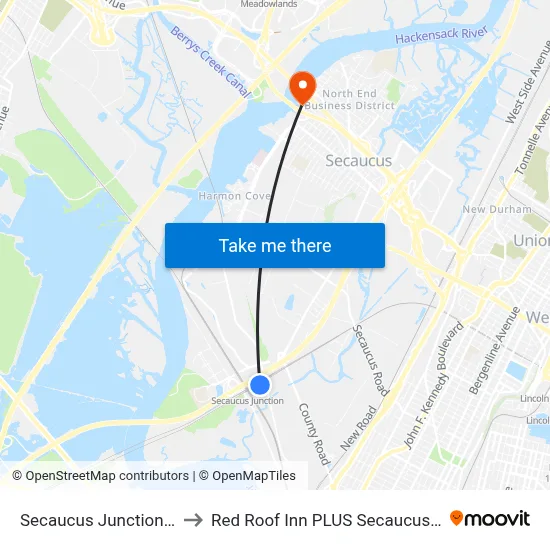 Secaucus Junction Bus Plaza to Red Roof Inn PLUS Secaucus Meadowlands map