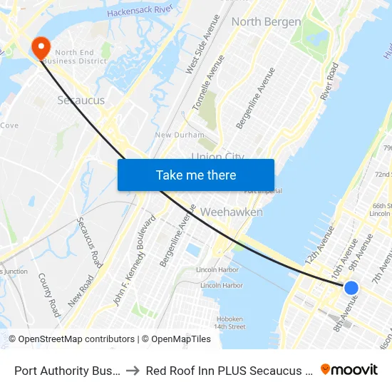 Port Authority Bus Terminal to Red Roof Inn PLUS Secaucus Meadowlands map