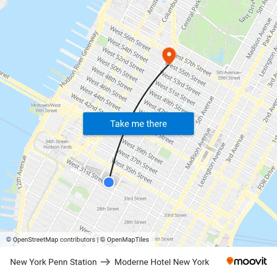 New York Penn Station to Moderne Hotel New York map