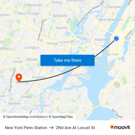 New York Penn Station to 2Nd Ave At Locust St map