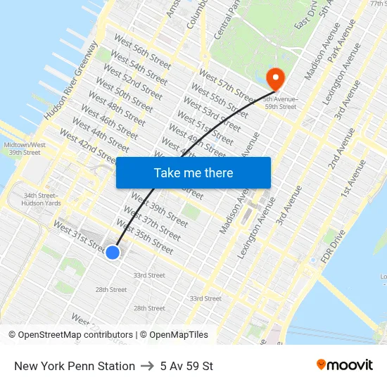 New York Penn Station to 5 Av 59 St map