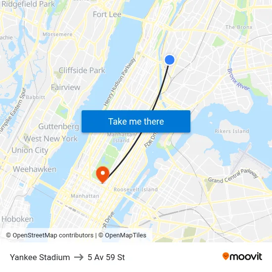 Yankee Stadium to 5 Av 59 St map