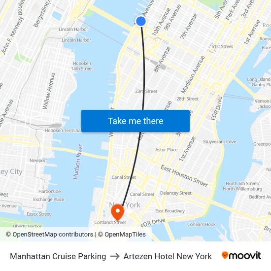 Manhattan Cruise Parking to Artezen Hotel New York map