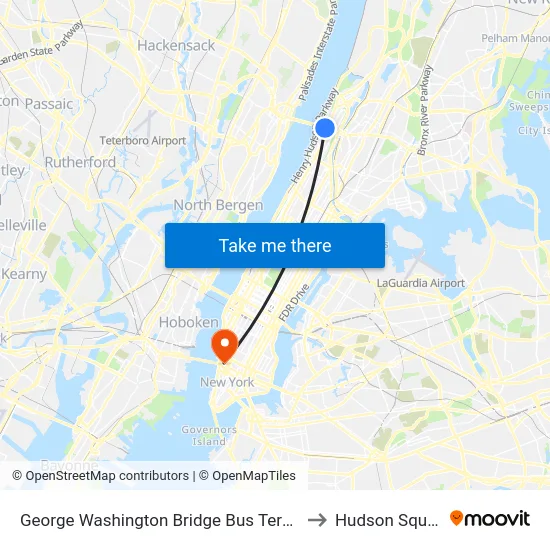 George Washington Bridge Bus Terminal to Hudson Square map
