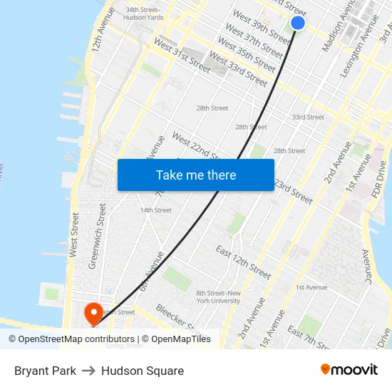 Bryant Park to Hudson Square map