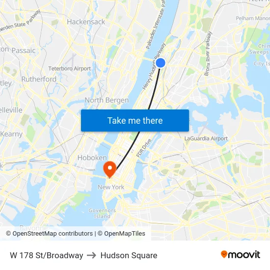 W 178 St/Broadway to Hudson Square map