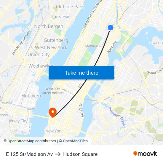 E 125 St/Madison Av to Hudson Square map