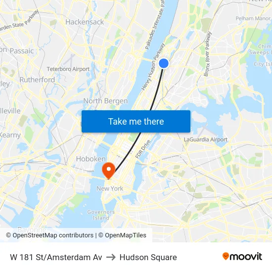 W 181 St/Amsterdam Av to Hudson Square map