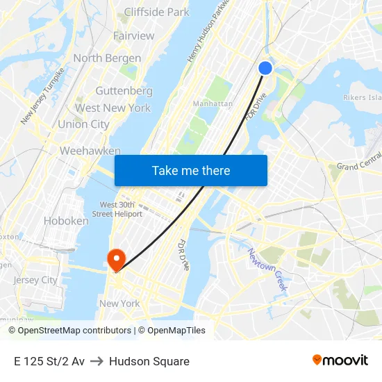 E 125 St/2 Av to Hudson Square map