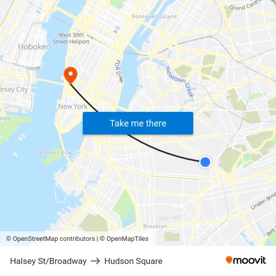 Halsey St/Broadway to Hudson Square map