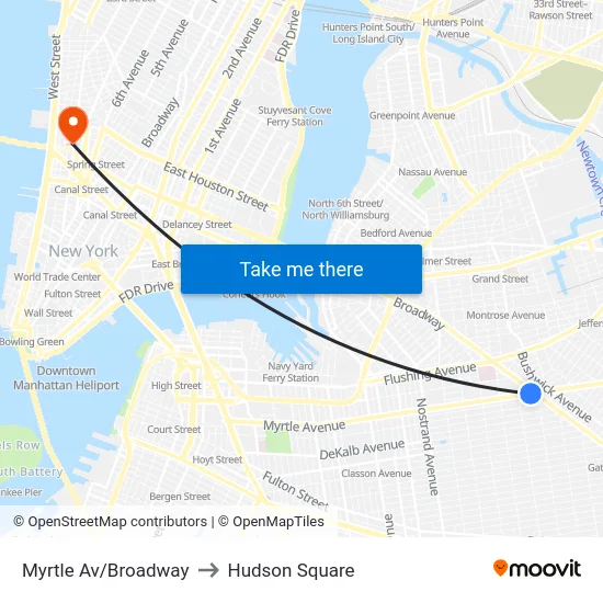 Myrtle Av/Broadway to Hudson Square map