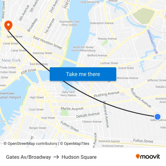 Gates Av/Broadway to Hudson Square map
