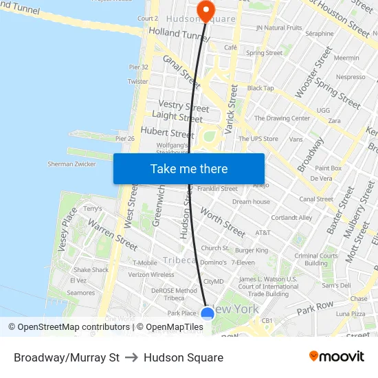 Broadway/Murray St to Hudson Square map