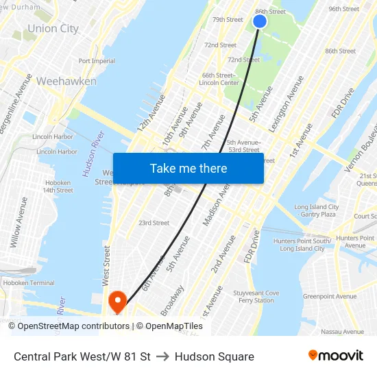 Central Park West/W 81 St to Hudson Square map