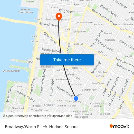 Broadway/Worth St to Hudson Square map