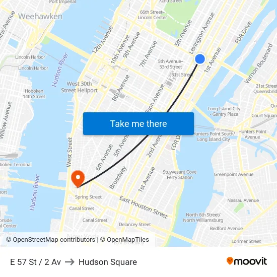 E 57 St / 2 Av to Hudson Square map