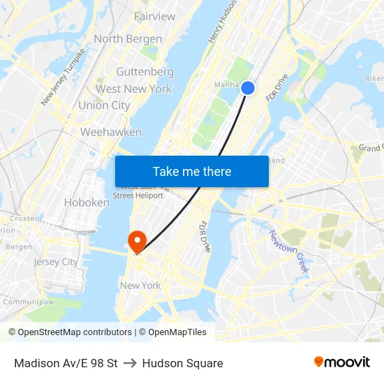 Madison Av/E 98 St to Hudson Square map