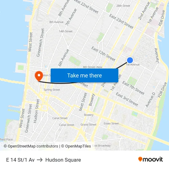 E 14 St/1 Av to Hudson Square map