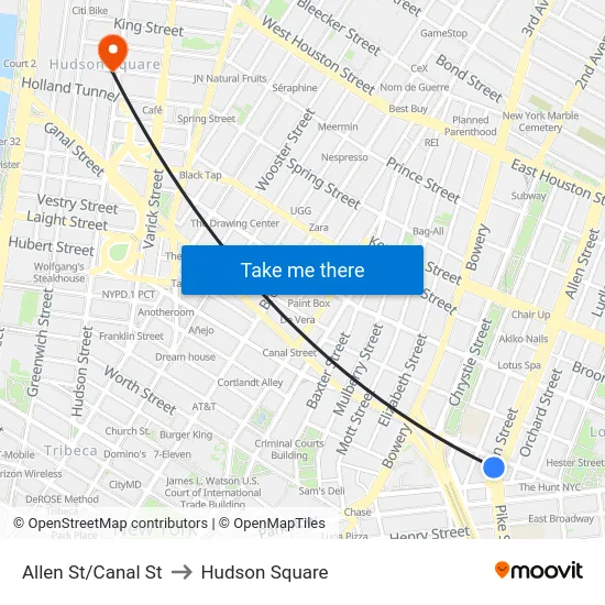 Allen St/Canal St to Hudson Square map