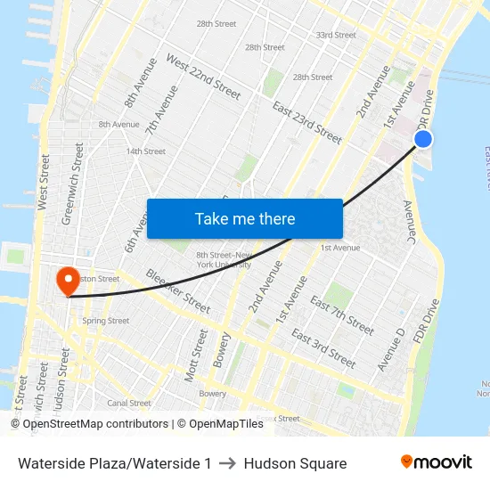 Waterside Plaza/Waterside 1 to Hudson Square map