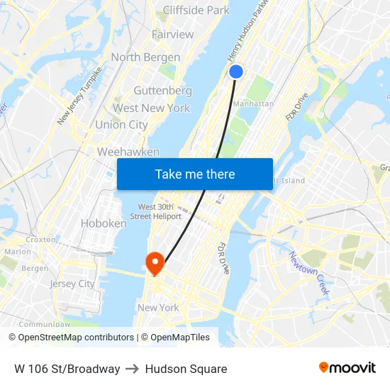 W 106 St/Broadway to Hudson Square map