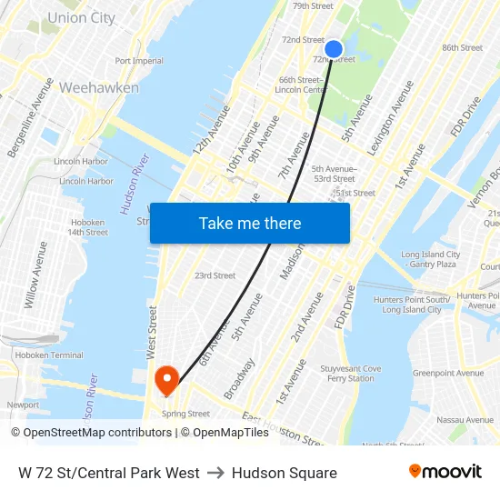 W 72 St/Central Park West to Hudson Square map