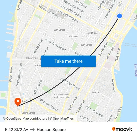 E 42 St/2 Av to Hudson Square map