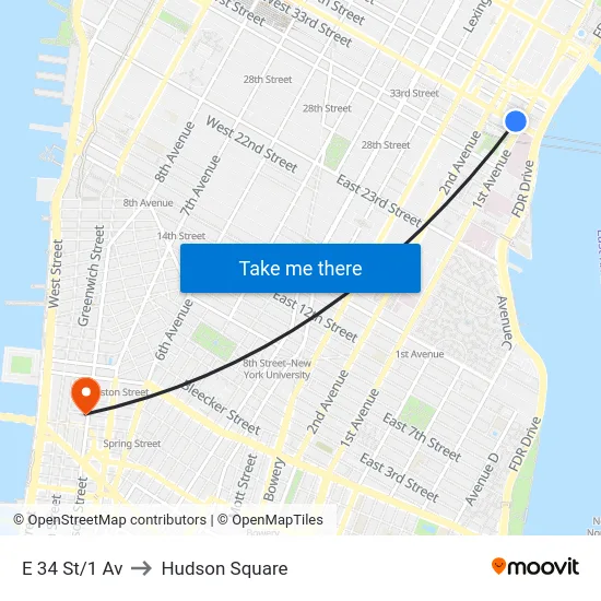 E 34 St/1 Av to Hudson Square map