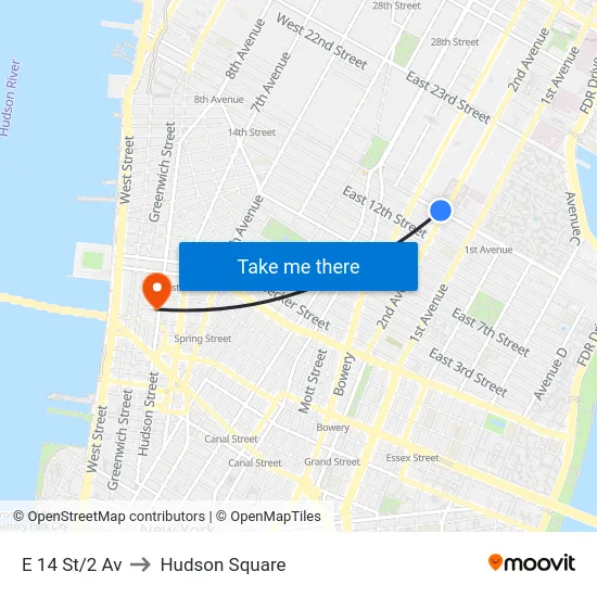 E 14 St/2 Av to Hudson Square map