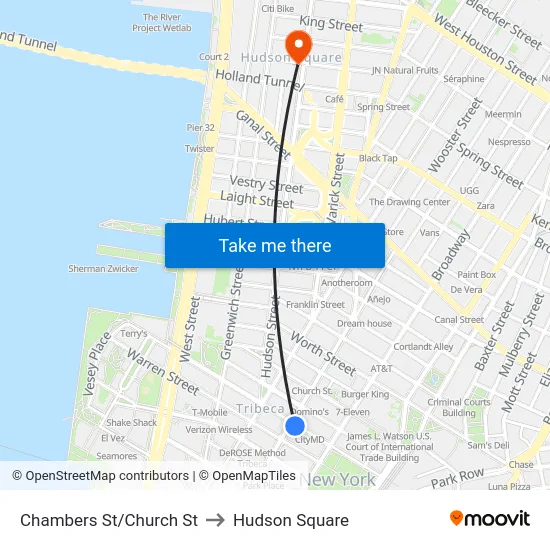 Chambers St/Church St to Hudson Square map