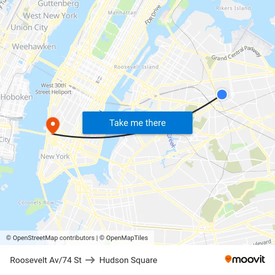 Roosevelt Av/74 St to Hudson Square map