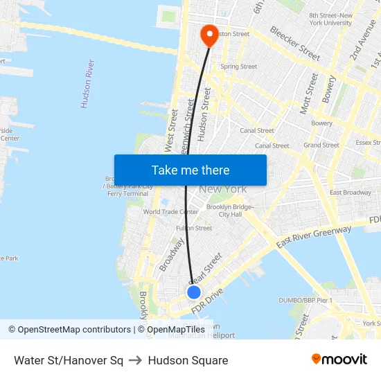 Water St/Hanover Sq to Hudson Square map