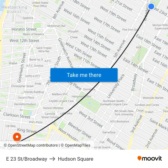 E 23 St/Broadway to Hudson Square map