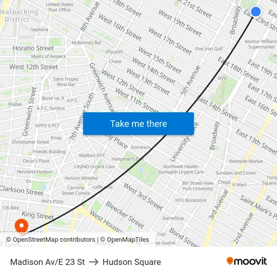 Madison Av/E 23 St to Hudson Square map