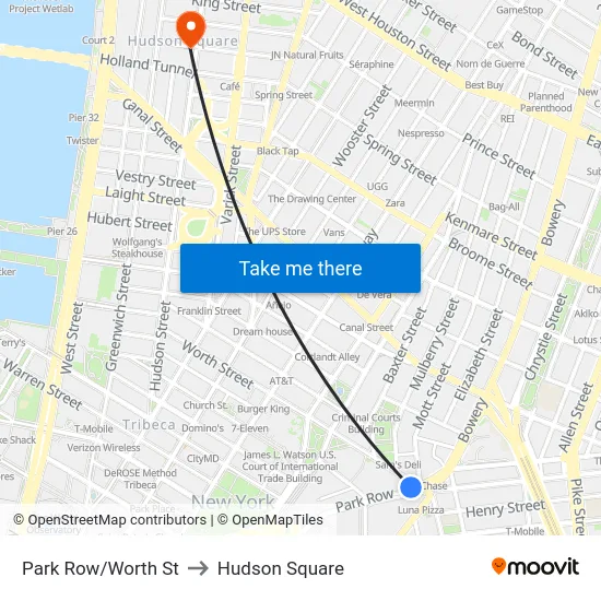 Park Row/Worth St to Hudson Square map