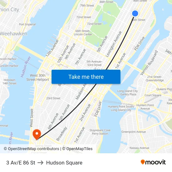 3 Av/E 86 St to Hudson Square map