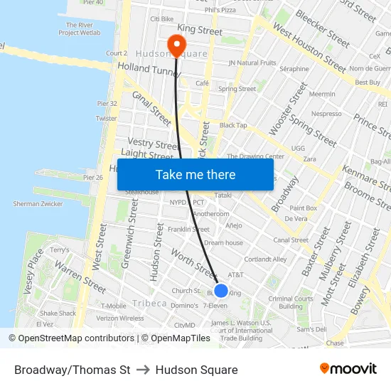 Broadway/Thomas St to Hudson Square map