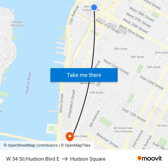 W 34 St/Hudson Blvd E to Hudson Square map