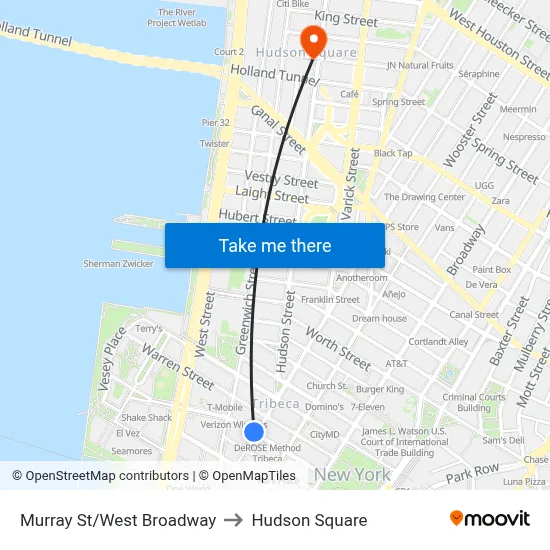 Murray St/West Broadway to Hudson Square map