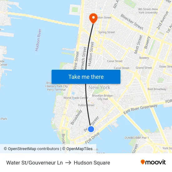 Water St/Gouverneur Ln to Hudson Square map
