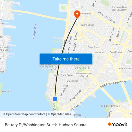 Battery Pl/Washington St to Hudson Square map