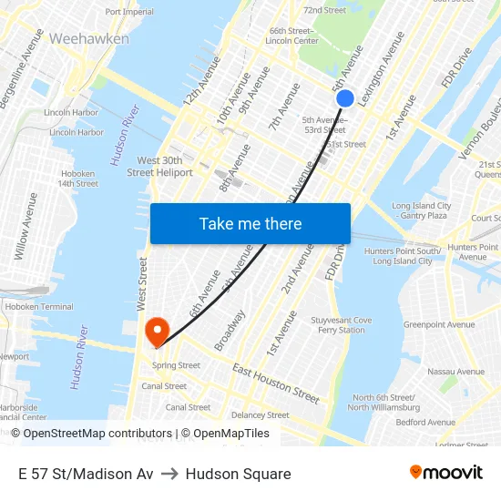 E 57 St/Madison Av to Hudson Square map