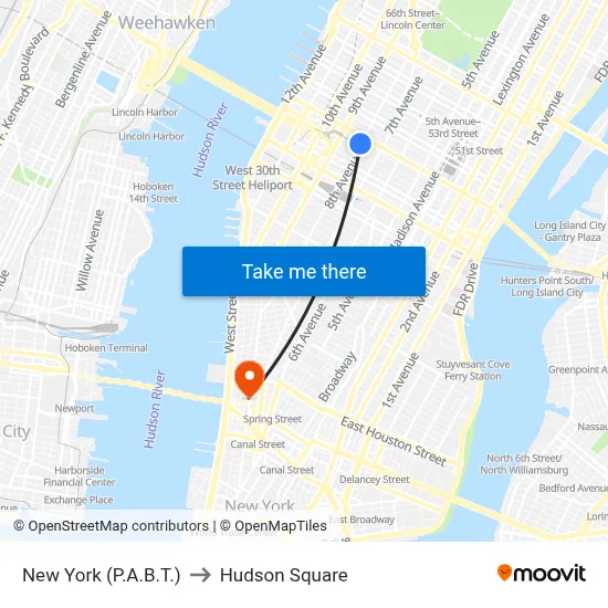 New York (P.A.B.T.) to Hudson Square map